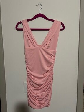 Sleeveless Pink Ruched V-Neck Dress